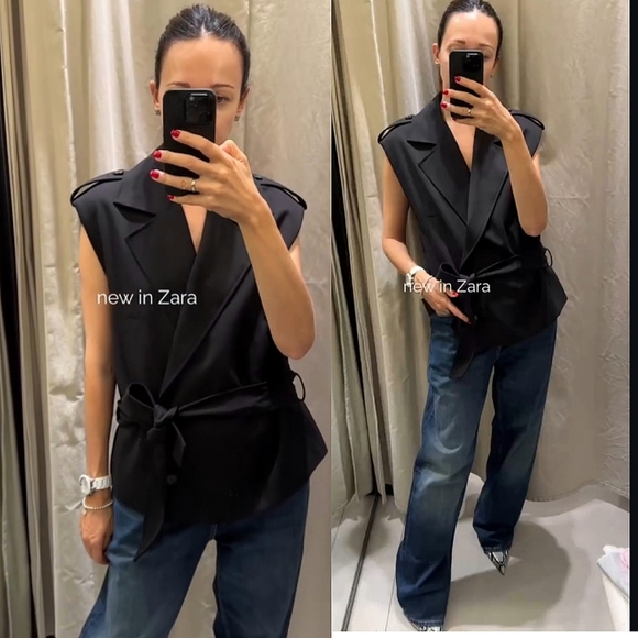 Zara Jackets & Blazers - Zara belted vest shoulder pads black